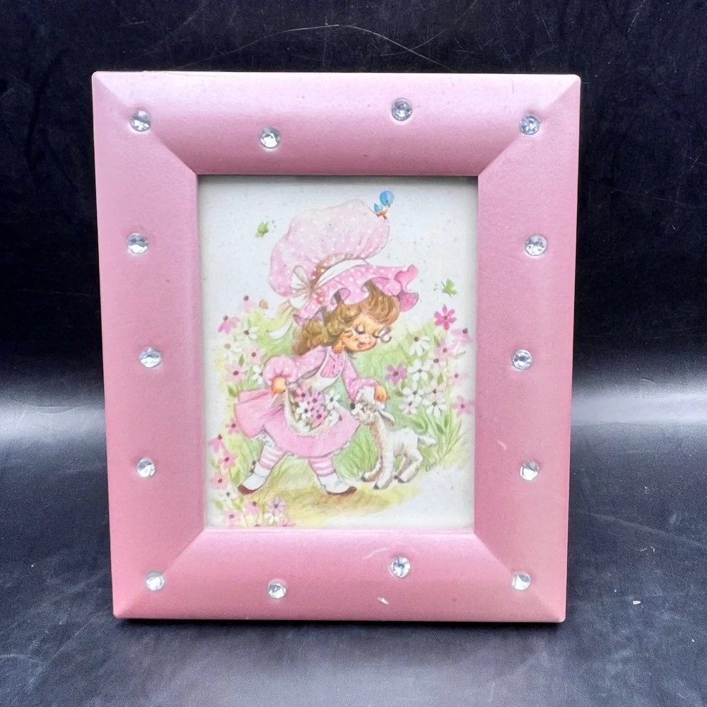 Spring Easter Illustration Pink Rhinestone Picture Frame Girl Lamb 4.5x3.75